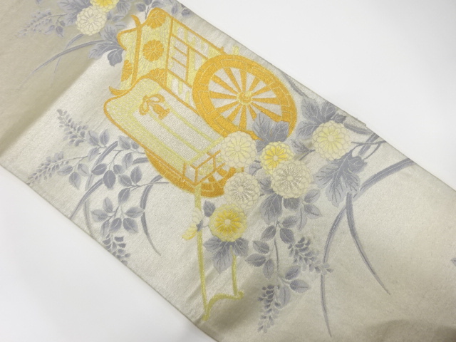 JAPANESE KIMONO / ANTIQUE FUKURO OBI / SILK / WOVEN CARRIAGE & KIKU